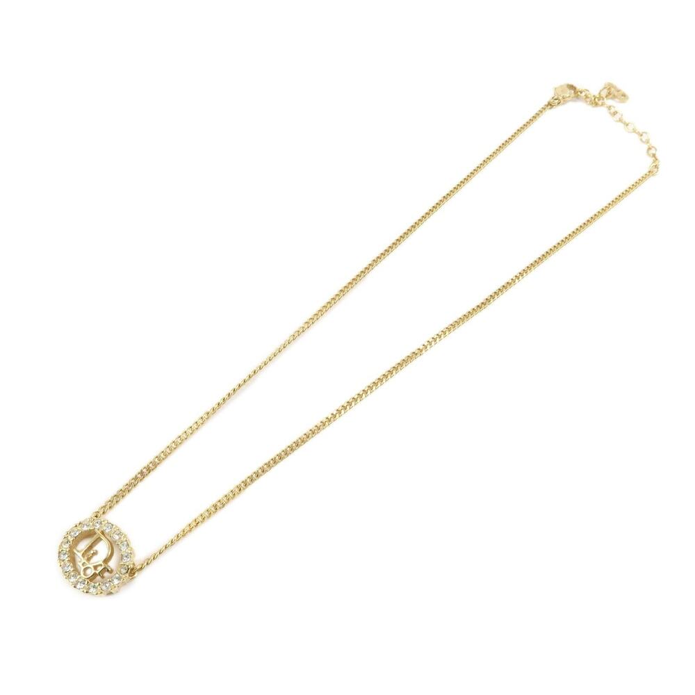Christian Dior Logo Rhinestone Pendant Necklace Gold
